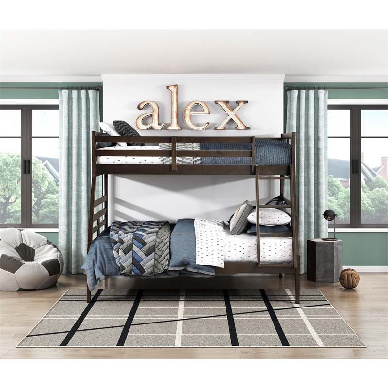 Pemberly Row Contemporary Pine Wood Twin/Full Bunk Bed in Dark Brown