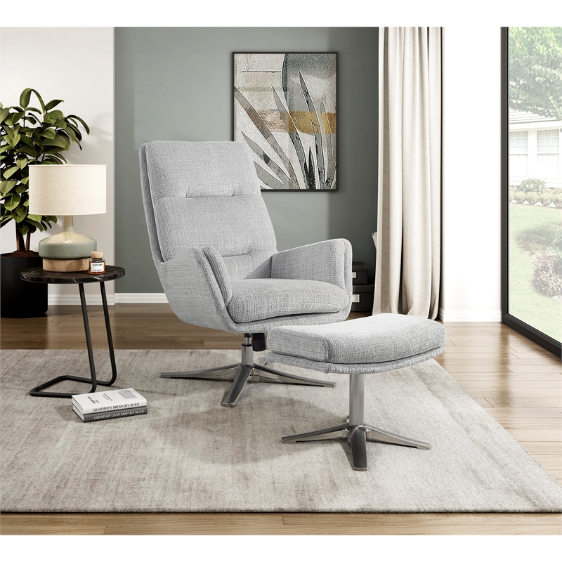 Pemberly Row Contemporary Chenille Swivel Chair with Ottoman in Gray