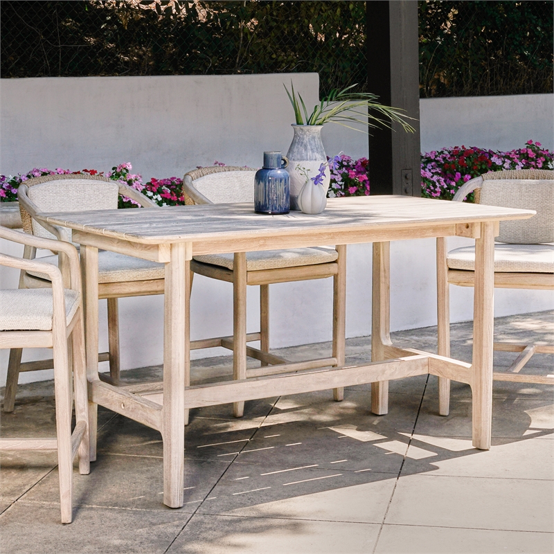 Pemberly Row Transitional Teak Wood Outdoor Counter Table in Matte Gray