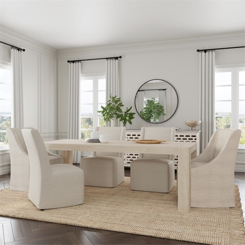 Pemberly Row Oatmeal Fabric Upholstered Rolling Dining Chair Sloping Arm