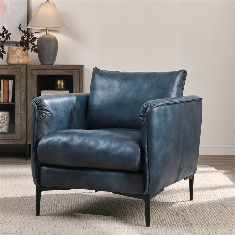 Pemberly Row Ocean Blue Leather Club Chair with Black Iron Accents