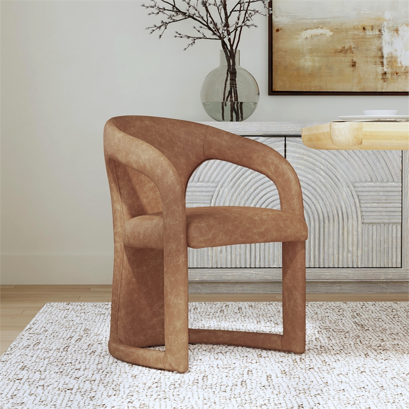 Pemberly Row Tan Leather Upholstered Dining Chair with Solid Wood Frame