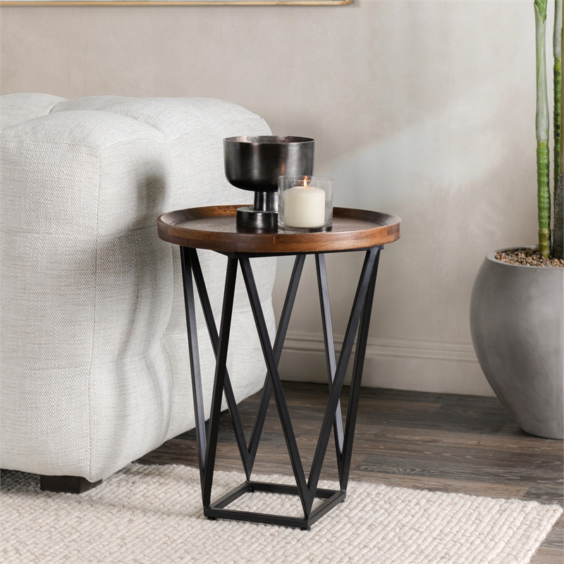 Pemberly Row Geometric Mango Wood Tray End Table in Medium Brown