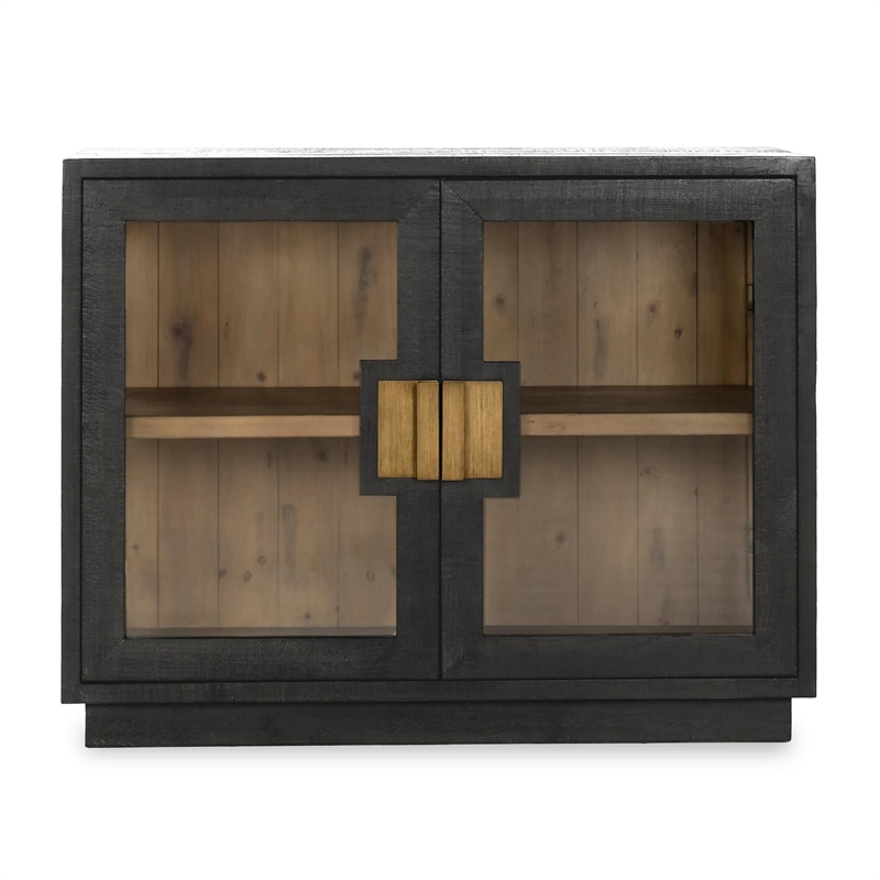 Pemberly Row 2-Door Glass Reclaimed Pine Wood Cabinet in Black