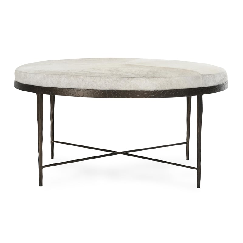 Pemberly Row Leather Hide Round Cocktail Coffee Table in Ivory