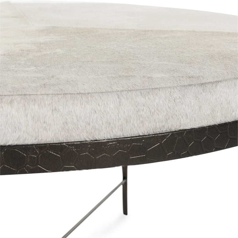 Pemberly Row Leather Hide Round Cocktail Coffee Table in Ivory