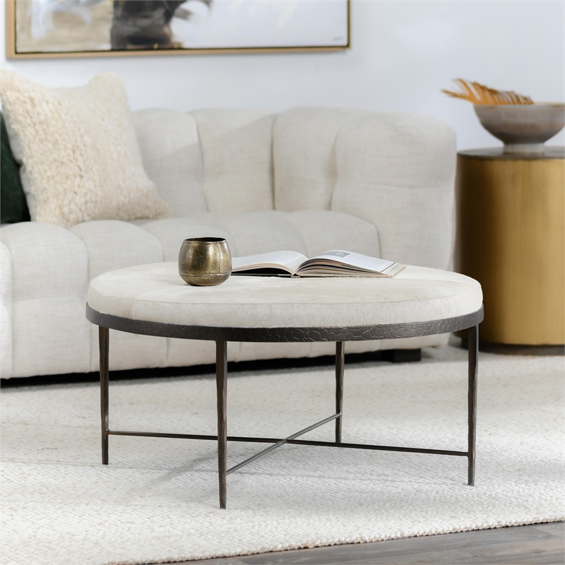 Pemberly Row Leather Hide Round Cocktail Coffee Table in Ivory