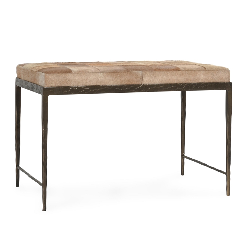 Pemberly Row Transitional Leather Hide Ottoman Bench in Blond