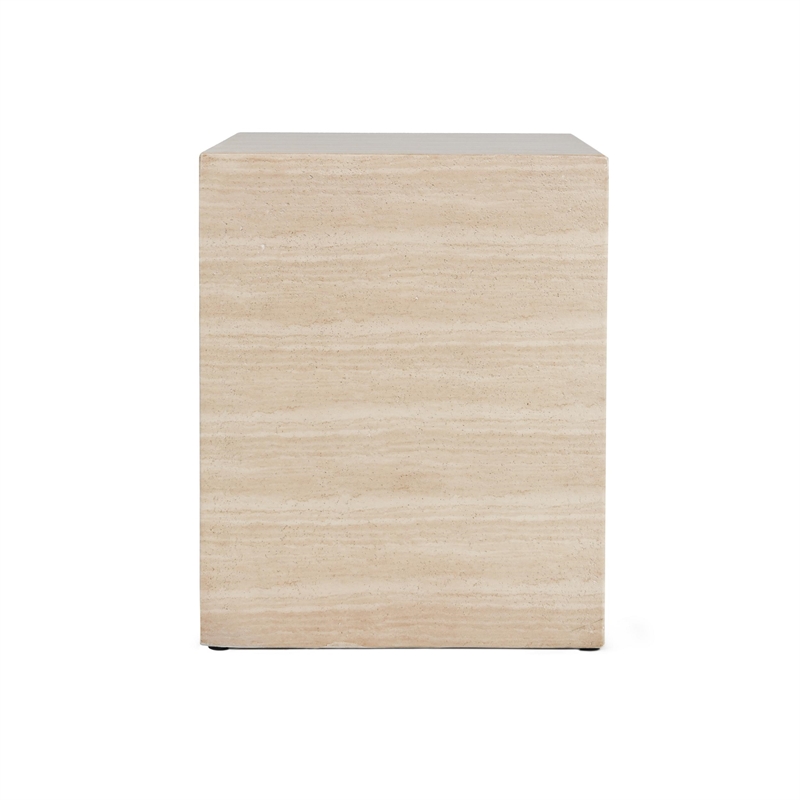 Pemberly Row Outdoor Travertine-Style Stone End Table in Beige
