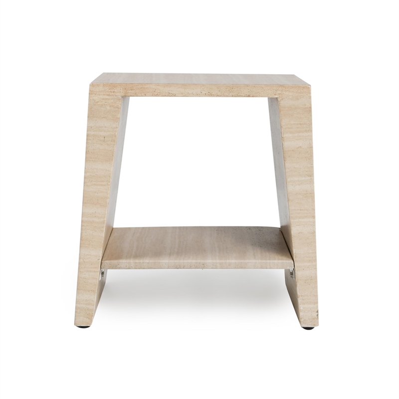 Pemberly Row Outdoor Travertine-Style Stone End Table in Beige
