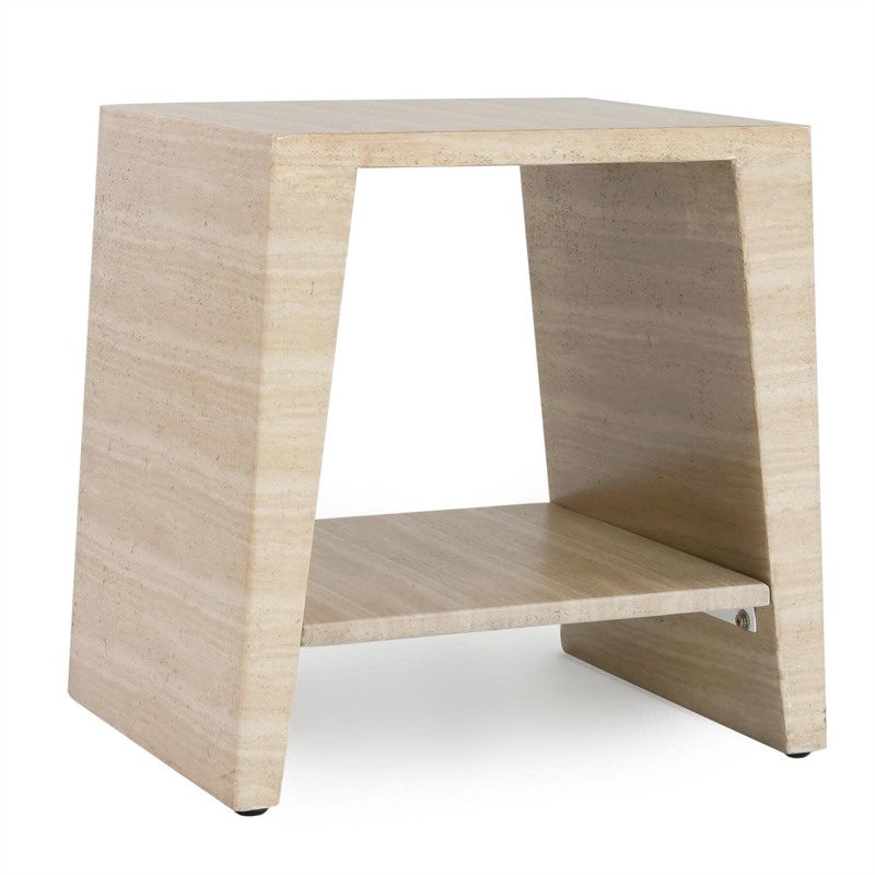 Pemberly Row Outdoor Travertine-Style Stone End Table in Beige