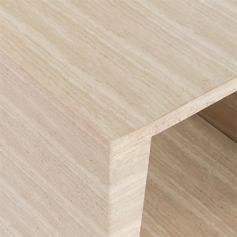 Pemberly Row Outdoor Travertine-Style Stone End Table in Beige