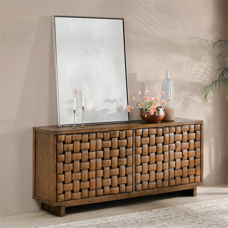 Pemberly Row 4-Door Reclaimed Pine Wood Buffet Sideboard in Brown