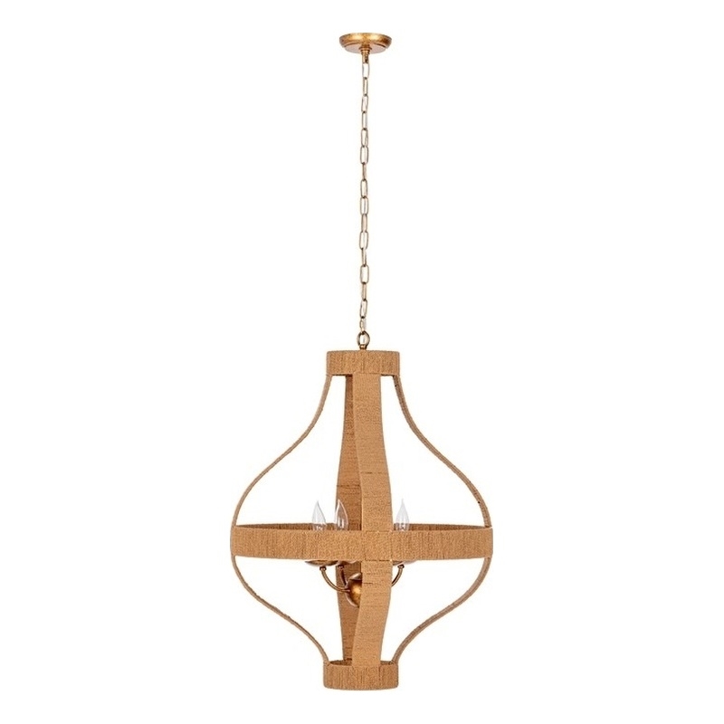 Pemberly Row Traditional Natural Rattan Large Gold Pendant Light