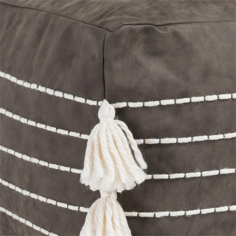 Pemberly Row Transitional Vegan Faux Leather Indoor Hickory Pouf