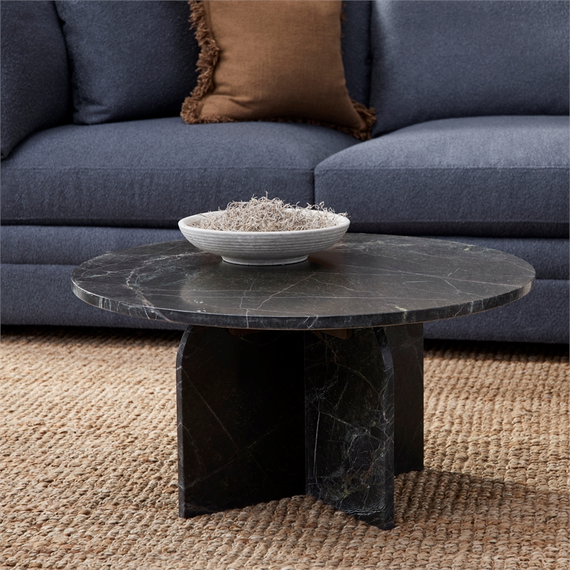 Pemberly Row Transitional Marble Round Coffee Table in Green