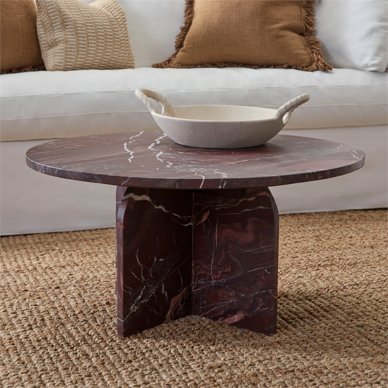 Pemberly Row Modern Transitional Marble Round Coffee Table in Red