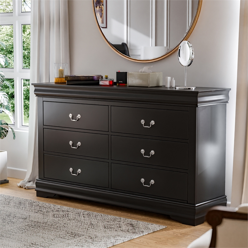 Pemberly Row Set of 4 Wood Panel Queen Bed & Dresser & Nightstands in Black