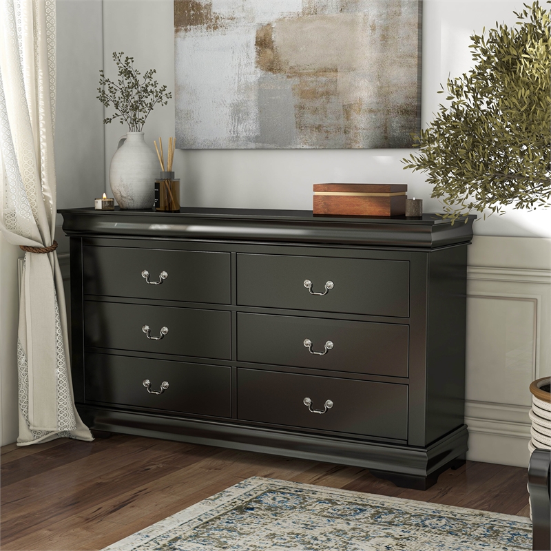 Pemberly Row Set of 4 Wood Panel Queen Bed & Dresser & Nightstands in Black