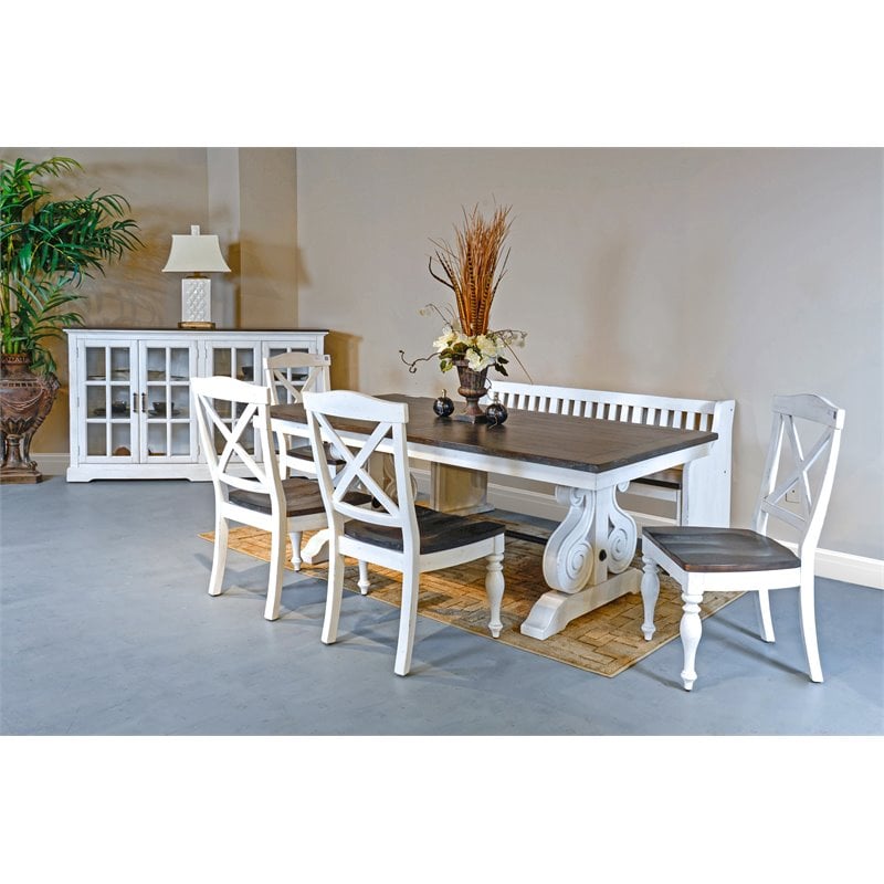 Pemberly Row Set of 7 Wood Trestle Table & Ladderback Chairs in White/Dark Brown