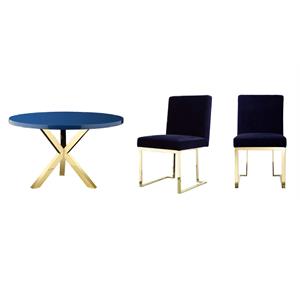 Pemberly Row Set of 3 Polished Steel Dining Table & Side Chairs in Navy/Gold