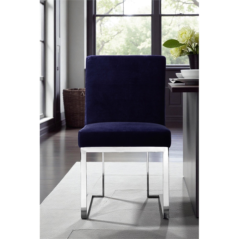 Pemberly Row Set of 3 Polished Steel Dining Table & Side Chairs in Navy/Silver