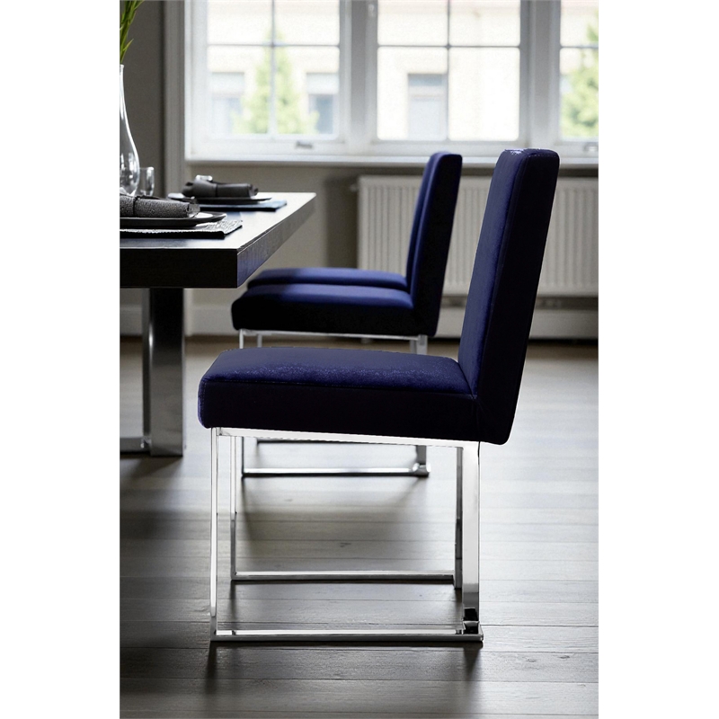 Pemberly Row Set of 3 Polished Steel Dining Table & Side Chairs in Navy/Silver
