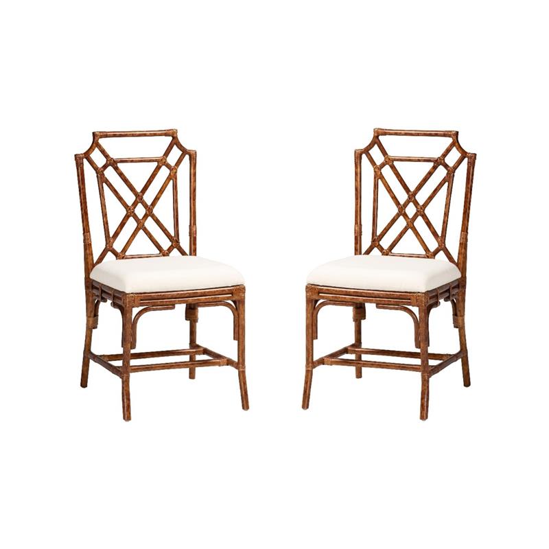Pemberly Row Set of 2 Marbled Tortoise Natural Rattan Dining Chairs
