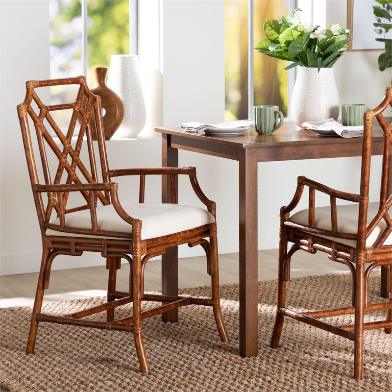 Pemberly Row Set of 2 Marbled Tortoise Natural Rattan Dining Chairs