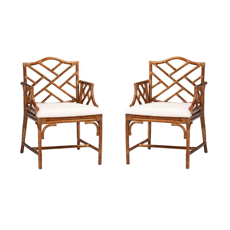 Pemberly Row Set of 2 Marbled Tortoise Natural Rattan Dining Chairs