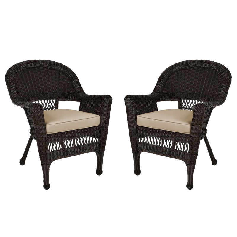 Pemberly Row Wicker Chair in Espresso with Tan Cushion (Set of 2)