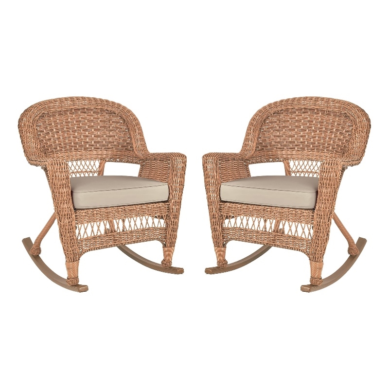 Pemberly Row Wicker Rocker Chair in Honey with Tan Cushion (Set of 2)