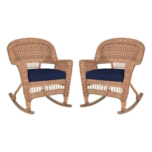 Pemberly Row Wicker Rocker Chair in Honey with Blue Cushion (Set of 2)