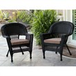 Pemberly Row Wicker Chair in Black with Brown Cushion (Set of 2)