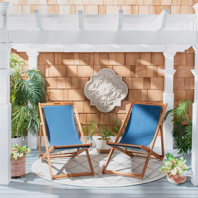 Pemberly Row Eucalyptus Wood/Polyester Sling Chair in Natural/Navy (Set of 2)