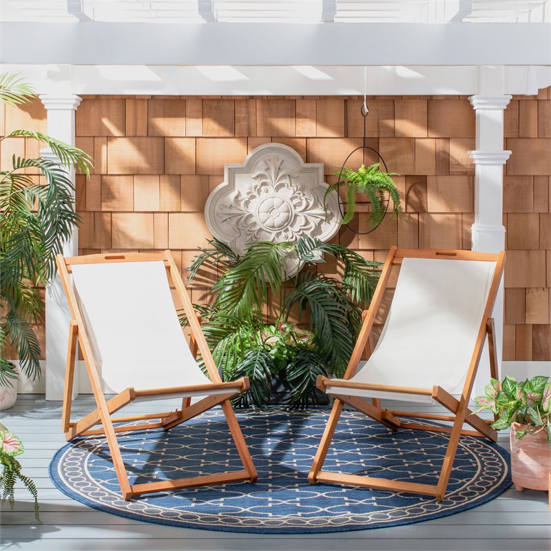 Pemberly Row Eucalyptus Wood/Polyester Sling Chair in Natural/Beige (Set of 2)