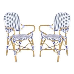 Pemberly Row Rattan Indoor/Outdoor Arm Chairs in Blue and White (Set of 2)