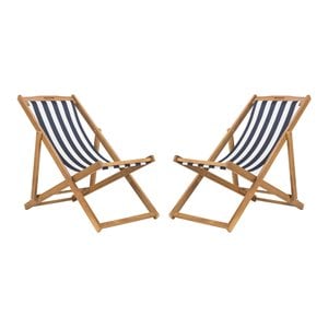 Pemberly Row Eucalyptus Wood Outdoor Sling Chair in Navy and White (Set of 2)