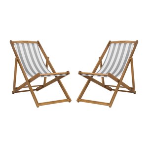 Pemberly Row Eucalyptus Wood Outdoor Sling Chair in Gray and White (Set of 2)