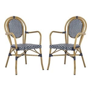 Pemberly Row Wicker / Rattan Outdoor Arm Chairs in Navy and White (Set of 2)