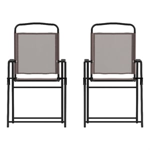 Pemberly Row Metal Patio Sling Chairs with Armrest in Brown (Set of 2)