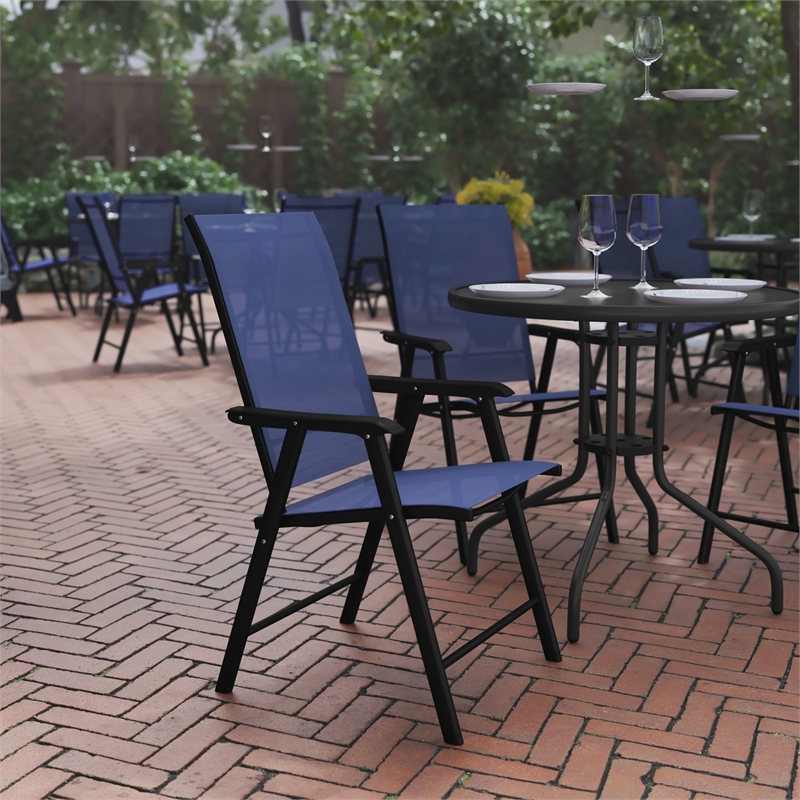 Pemberly Row Metal Folding Patio Sling Chair in Navy (Set of2)