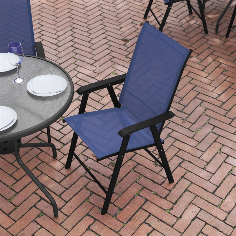 Pemberly Row Metal Folding Patio Sling Chair in Navy (Set of2)