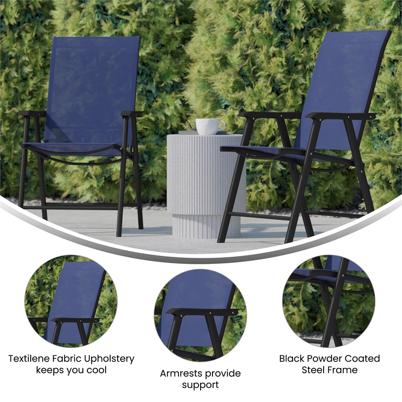 Pemberly Row Metal Folding Patio Sling Chair in Navy (Set of2)