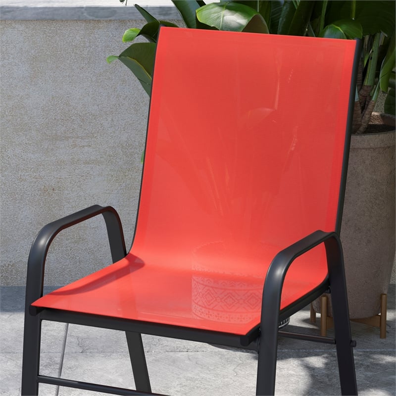 Pemberly Row Contemporary Metal Patio Stack Chair in Red (Set of 4)