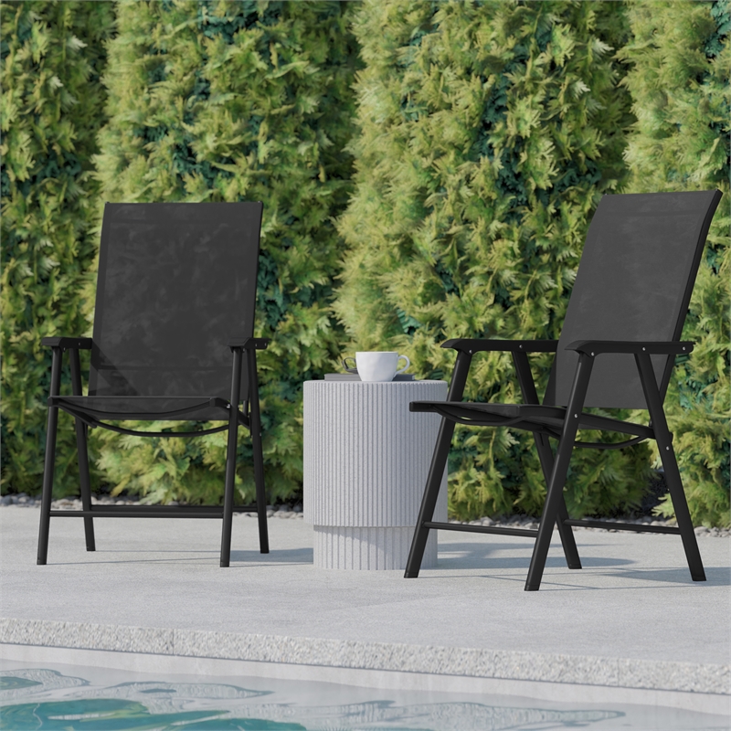 Pemberly Row Metal Folding Patio Sling Chair in Black (Set of2)