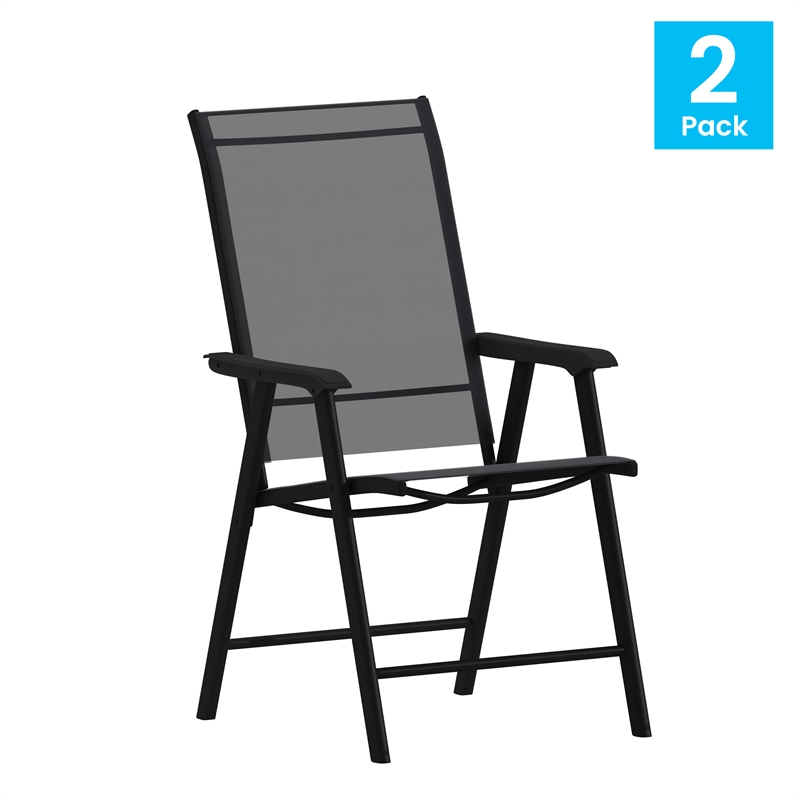 Pemberly Row Metal Folding Patio Sling Chair in Black (Set of2)