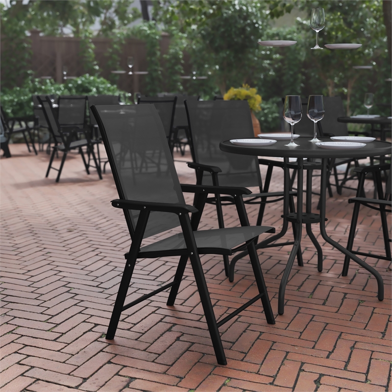 Pemberly Row Metal Folding Patio Sling Chair in Black (Set of2)