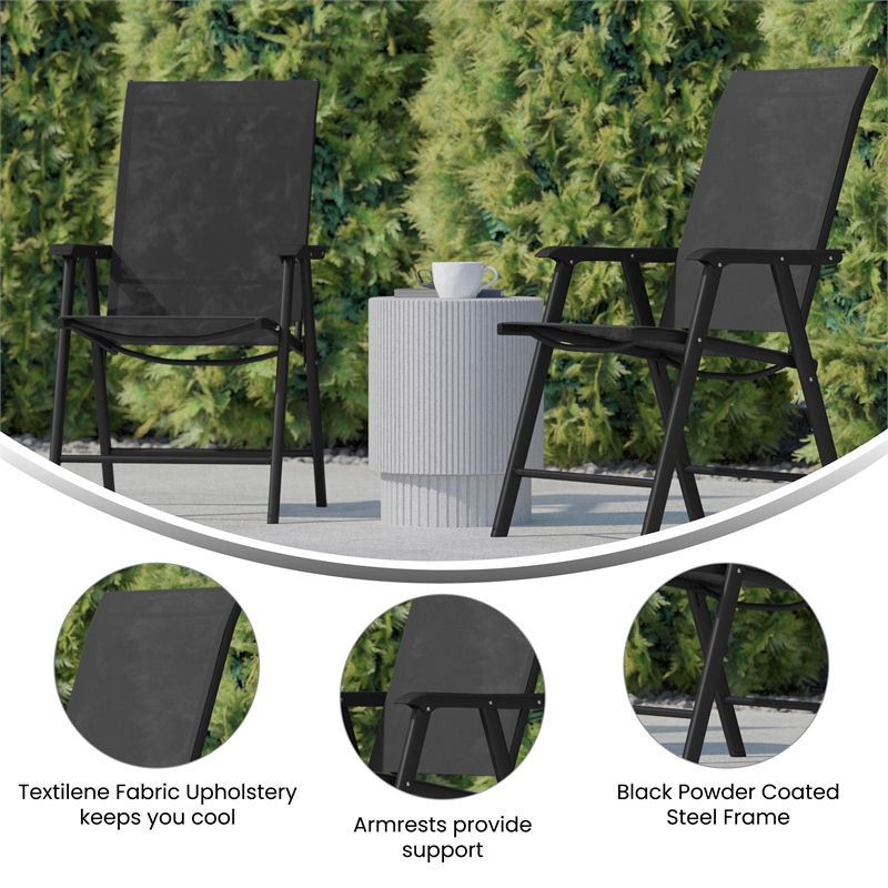 Pemberly Row Metal Folding Patio Sling Chair in Black (Set of2)