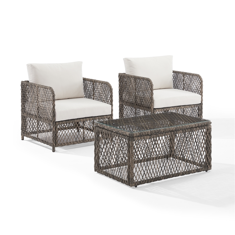 Pemberly Row 3Pc Outdoor Coffee Table & Chair Set Creme/Stone
